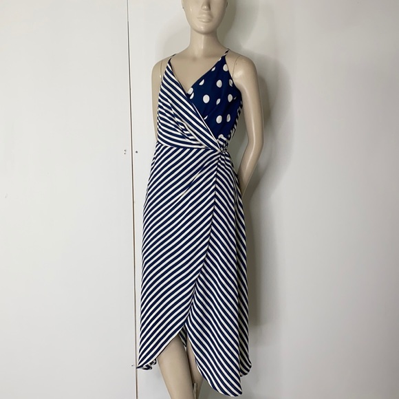 Vince Camuto Wrap Midi Dress in Navy/White; Polka Dot and Stripes - Picture 16 of 16